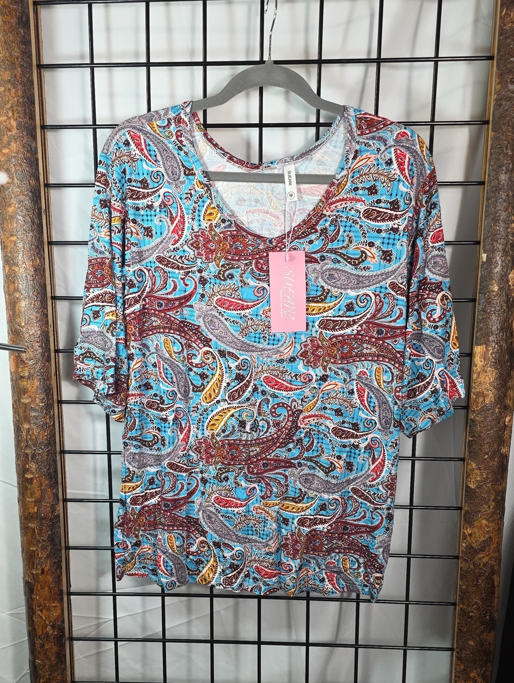 Simplicity Teal Multi Paisley V-Neck Short Sleeve Top